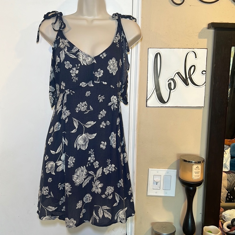 FULL TILT Women’s Navy Blue Floral Mini Dress Tie Shoulders Ruffle A - Line